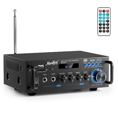 Abbildung von Moukey 2.0 Kanal Stereo Bluetooth Karaoke Verstärker, 100W Audio Verstärker Empfänger, HiFi mit RCA, USB, SD, 2 Mic Eingänge, FM Radio für Auto oder Zuhause, MAMP3