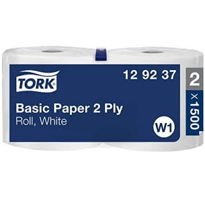 Abbildung von Tork 129237 Standard Papierwischtücher für W1 Bodenständer und Wandhalter System / 2 lagige, stabile Papiertücher in Weiß Universal Qualität x 510 m