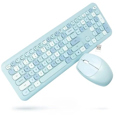 Abbildung von Silvergear® Retro Kabelloses Funk Tastatur &amp; Maus Set QWERTY Vintage Design Schreibmaschinenstil Silent Keyboard Geeignet für Windows XP, 7, 8, 10 Bunte Runde Tasten Leise Klick Blau