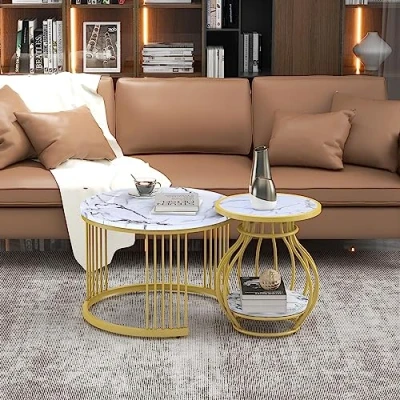 Abbildung von Merax Couchtisch 2er Set Rund Beistelltisch weiß Wohnzimmertisch sofatisch Coffee Table