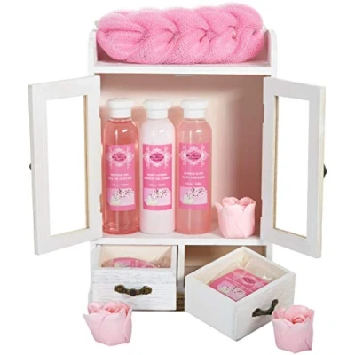 Abbildung von BRUBAKER Hautreinigungs Set Bade und Dusch Set, 10 tlg., Frauen Geschenkset im Vintage Schränkchen, Badeset mit Kirsch Duft, Pflegeset reinigend pflegend