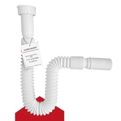 Abbildung von KIRCHHOFF 98836748 Flexibler Siphon 1 1/4&quot; x 32 mm weiß, Länge flexibel ausziehbar 340 800mm, Ablaufschlauch mit biegsamem Ablaufschlauch, Waschbeckenablauf aus Kunststoff fürs Badezimmer
