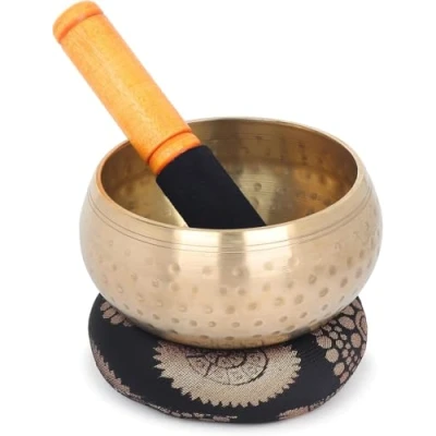 Abbildung von Tibetische Klangschale 10,2 cm Klangschalen Set mit Schlägel und Kissen, schöner Klang für Heilung, Yoga, Meditation Entspannung Gold