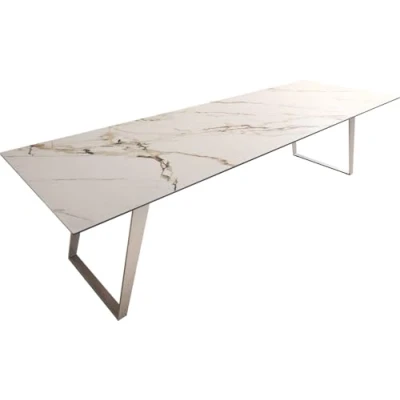 Abbildung von Esstisch Edge 300x100 Keramik Calacatta Luxe Weiß Gold Grau Edelstahl Schräg