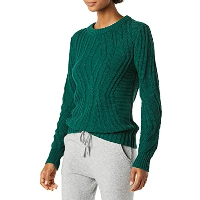 Abbildung von Amazon Essentials Damen Pullover mit Rundhalsausschnitt und Zopfmuster aus 100 % Baumwolle, Dunkelgrün, S