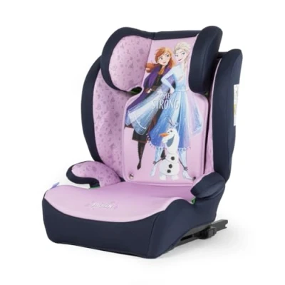 Abbildung von Disney Frozen Autositz mit ISOFIX Befestigung für die Sicherheit von Mädchen einer Körpergröße 100 bis 150 cm Grafiken der Prinzessin Elsa, Anna und dem süßen Olaf auf lila