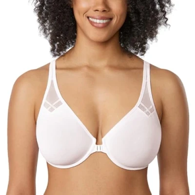 Abbildung von DELIMIRA Damen Vollschalen Vorderverschluss Seamless BH mit Bügel Ungepolster BHS Große Brüste Racerback Kokosnuss Weiß 85G