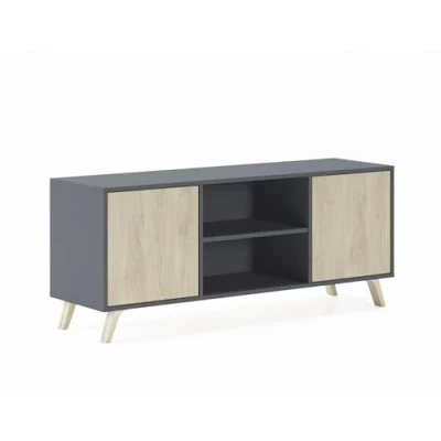 Abbildung von Skraut Home TV Schrank für Wohnzimmer 57 x 140 40 cm geeignet 32/40/50/55/60 Zoll Fernseher Modell Wind Grau 2 Flügeltüren in Puccini Farbe
