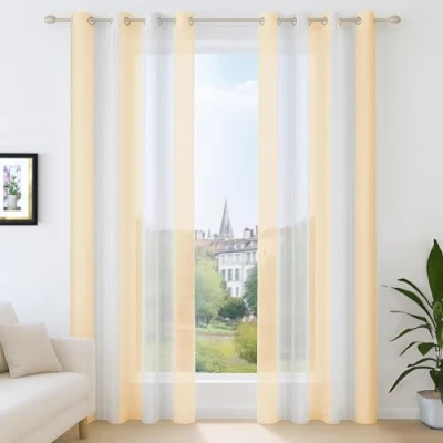 Abbildung von Deconovo Voile Vorhänge mit Ösen, Gardinen Wohnzimmer Modern, Vorhangschal Transparent Streifenmuster, Fensterschal Leinenoptik, 138x140 cm(HöhexBreite), Creme, 2er Set