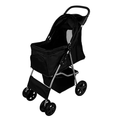 Abbildung von Hundewagen Klappbarer Buggy bis 15kg 4 Räder: 2x 360 Bremsen Für Tiere Hunde Katze Mit Karabinerhaken Netzfenstern Abnehmbar Kissen Aufbewahrungskorb Getränkehalter &amp; Regenschutz [Schwarz]