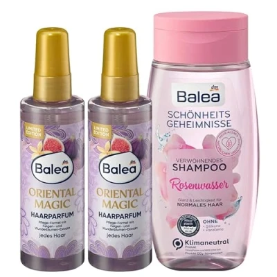 Abbildung von Balea 3er Set Haarpflege: Haarparfum ORIENTAL MAGIC für natürlichen Glanz mit elegantem orientalischem Duft ohne Silikone (2 x 100 ml) + Shampoo Schönheitsgeheimnisse ROSENWASSER (250 ml), 450 ml