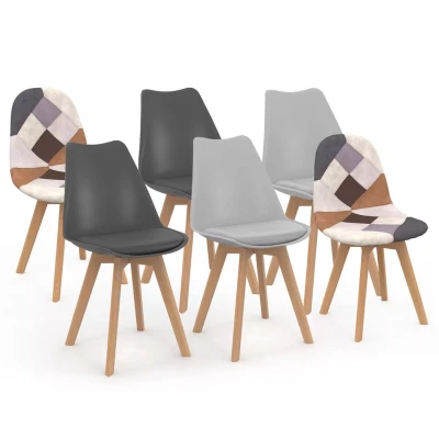 Abbildung von IDMarket Set mit 6 skandinavischen Stühlen Sara, Dunkelgrau, 2 x Hellgrau und Patchworks Braun, Stück