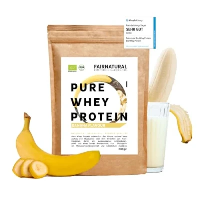 Abbildung von Fairnatural Bio WHEY Protein Pulver Banane ohne Chemie [Regional aus Deutschland] Hochwertige Eiweiß Shakes » 100% NATÜRLICH « 600g Premium Molkenprotein Soja
