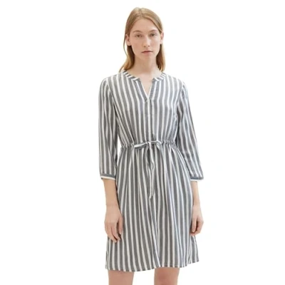 Abbildung von TOM TAILOR Damen Kleid mit Streifen &amp; Bindegürtel, offwhite navy vertical stripe, 32
