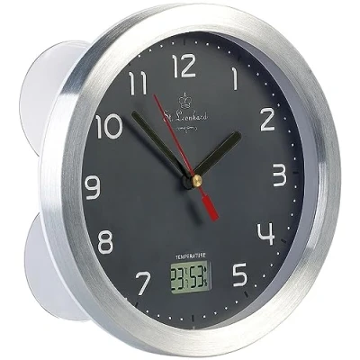 Abbildung von St. Leonhard Badezimmeruhr: Badezimmer Funk Wanduhr, Thermo und Hygrometer, Alu Rahmen, Grau (DCF Funkuhr, Badezimmeruhr mit Thermometer, Gläser)