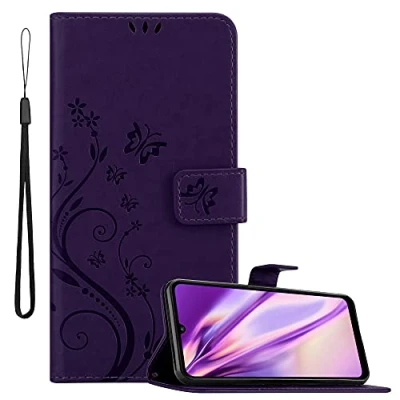 Abbildung von Cadorabo Hülle kompatibel mit Huawei Y6P Blumen Design aus Premium Kunst Leder Flip Klappbare Stoßfeste Magnetische [Standfunktion] [Kartenfächern] Cover für Tasche in Lila