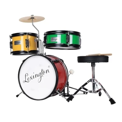 Abbildung von Lexington Kinderschlagzeug 3 PC, Schlagzeug Set für Kinde mit Snare, Tom, Bass Drum, Drum Pedal, Thron, Becken, Drumsticks, Rot, Gelb, Grün