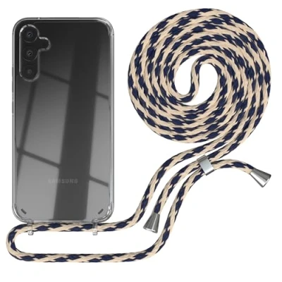 Abbildung von EAZY CASE Hülle mit Kordel Samsung Galaxy A34, Transparente Handyhülle verstellbarem Kettenband zur Umhängeband, Kette, Ersatzgurt schmal in Taupe Camouflage Clip Silber