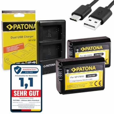 Abbildung von PATONA Akku 2X NP FW50 (echte 950mAh) mit USB Dual Ladegegerät 1964 kompatibel Sony ZV E10 I, ILCE Alpha 5100 6000 6100 6300 6500 / A55 A33 A35 A37 7 7II 7S NEX/DSC RX10 usw.