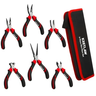 Abbildung von KRETLAW Mini Zangenset 6tlg, Linesman Zange, Lange Nase, Nadelzange, gebogene Spitzzange, Drahtschneider und Seitenschneider, für elektronische Reparaturen,Tasche inkl.