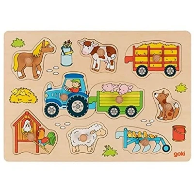 Abbildung von goki Steckpuzzle Traktor mit Anhängern Holz Puzzle, 9 Puzzleteile, Anhänger und lassen sich auch ausserhalb des Puzzles verbinden