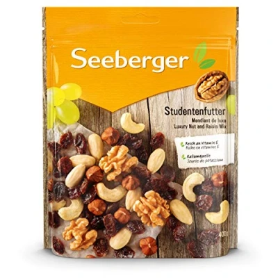 Abbildung von Seeberger Studentenfutter: Klassische Nuss Frucht Mischung aus Haselnusskernen, Mandeln, Walnüssen &amp; Cashewkernen, mit Rosinen reich an Vitamin E, vegan (1 x 400 g)