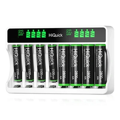 Abbildung von HiQuick Akku Ladegerät mit AA 4 Stück und AAA Stück, für Mignon AA, Micro NI MH/NI CD wiederaufladbar Batterien, 8 Ladeplatz LCD Anzeige