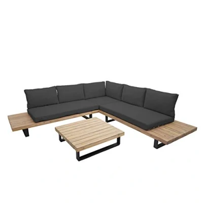 Abbildung von Garten Garnitur HWC H54, Sitzgruppe Lounge Set, Spun Poly Akazie Holz MVG Alu Hellbraun, Polster dunkelgrau