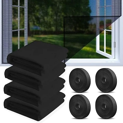 Abbildung von 4 Stück Mückenschutz Fenster, 150x130cm Fliegengitter Fenster mit Rollen Selbstklebend, Zuschneidbar Fensternetz, Unsichtbares Fenstergitter hält Fliegen/Mücken Draußen(D)