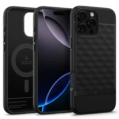 Abbildung von Caseology Parallax Mag für iPhone 16 Pro Max Hülle [Ergonomischer 3D Hexa Cube] Magnetische Schutzhülle mit Fallschutz in Militärqualität Matte Black