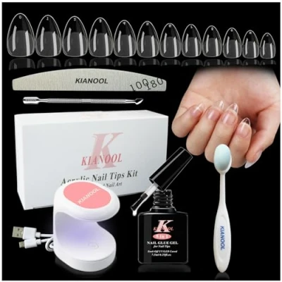Abbildung von Nageltips and Glue Gel Kit, 552 Stück Full Cover Nail Tips Almond, X Acryl Nagelset, 5 In 1 Nagelkleber Kit mit Mini UV Lampe für Nägel, Soft Gelnägel