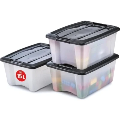 Abbildung von Iris Ohyama Aufbewahrungsboxen mit Deckel, 15L, 3er Set, Schwarz, Sicherer Verschluss, Stapelbar, Griffe, Schlafzimmer, Schrank, Büro, Organisation, BPA freies Plastik, Ordnungsboxen, NTB 15