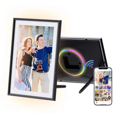 Abbildung von HDeye Digitaler FotoRahmen 10.1 Zoll WiFi, HD 1280x800 IPS Touchscreen Elektronischer mit 32GB Speicher, Auto Drehung, Einfache Übertragung von Fotos Videos über Aimor App, RGB Lichtmodus