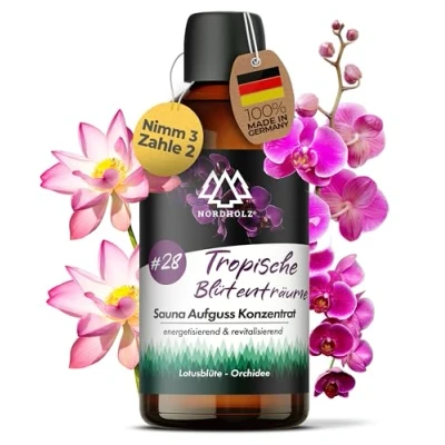 Abbildung von NORDHOLZ® Saunaaufguss [54 Sorten 15ml, 100ml, 250ml] Sauna Aufgussmittel für intensive &amp; erholsame Zubehör (#28 Tropische Blütenträume, 100ml)
