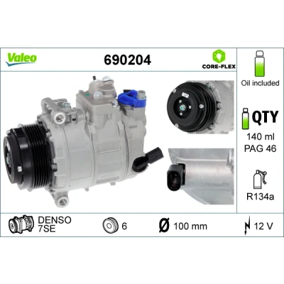 Abbildung von VALEO 690204 Kompressor 7SE 12 PAG 46 R 134a mit Kompressoröl VOLKSWAGEN: Crafter 30 35 Bus, 50 Kastenwagen