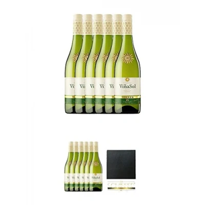 Abbildung von Torres Miguel Spanien VINA SOL Weisswein 6 x 0,7 Liter + Schiefer Glasuntersetzer eckig ca. 9,5 cm Durchmesser