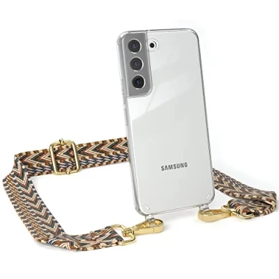 Abbildung von EAZY CASE Handykette Verstellbares Taschenband kompatibel mit Samsung Galaxy S22, Schulterriemen, Handykordel Silikon Hülle, Umhängetasche, Hell Braun/Braun Endstücke Gold