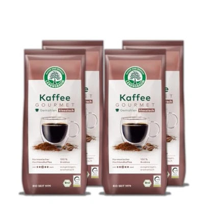 Abbildung von LEBENSBAUM 4 x Kaffee Gourmet Klassisch, gemahlen, Bio aus Arabica Bohnen Intensität 3/5, ausgewogener, aromatischer Genuss, 500 g
