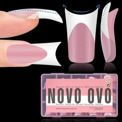 Abbildung von NOVO OVO Weiße French Tip duck Feet Nagelspitzen, nail tips press on, vollständige Abdeckung zum Aufdrücken von Acryl mit Mond, geschwungen, dick, mittel, lang, 15 Größen, 150 Stück