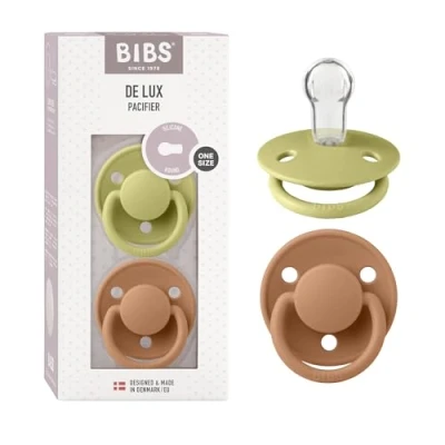 Abbildung von BIBS De Lux Schnuller 2er Pack, BPA frei, Kirschform Nippel. Silikon, Hergestellt in Dänemark. 0 36 Monate (2er Pack), Meadow/Earth