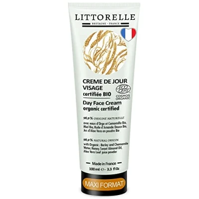 Abbildung von Tagescreme für das Gesicht mit Bio Gerstenwasser (100 ml) zertifizierte 99% Naturkosmetik Feuchtigkeitsspendende Gesichtscreme empfindliche, trockene Haut Made in Frankreich