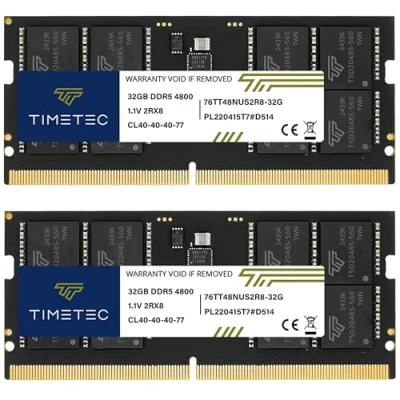 Abbildung von Timetec 64GB Kit(2x32GB) DDR5 4800MHz PC5 38400 Ungepuffert Non ECC 1.1V CL40 1Rx8 Single Rank 262Pin SODIMM Laptop Speicher RAM Modul Upgrade
