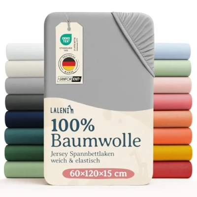 Abbildung von Laleni Jersey Spannbettlaken 60x120 cm Babybett 2er Set Oeko TEX zertifiziertes Bettlaken Kinderbett Kinderbettwäsche 100% Baumwolle Baby in Grau