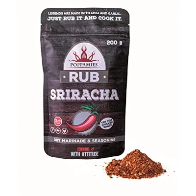 Abbildung von Poppamies Sriracha BBQ Rub 100% natürliches Gewürz Trockenmarinade und Gewürzmischung. Besonders geeignet für Huhn, Meeresfrüchte, Gemüse geräuchertes Fleisch Großpackung (200g)