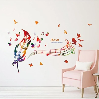 Abbildung von ufengke Wand Aufkleber Noten im Farben mit Bunten Feder, Vögel &amp; Schmetterlinge Wandsticker Dekorative Abnehmbare DIY Vinyl Wandtattoos für Ohnzimmer, Schlafzimmer