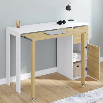 Abbildung von Ausziehbarer Schreibtisch in Weiß und Holz mit Stauraum IDMarket