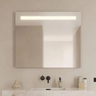 Abbildung von Loevschall Badspiegel &quot;Lökken Quadratisch, Badzimmerspiegel mit LED Beleuchtung, Lichtspiegel&quot;, Touchpanel für Lichtsteuerung, Verstellbarer Spiegel, Dänisches Design