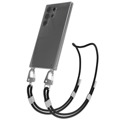 Abbildung von EAZY CASE Handykette mit Karabiner kompatibel Samsung Galaxy S24 Ultra Hülle Silikon transparente Handyhülle für Kette zum Umhängen Schutzhülle in Schwarz Clips Silber