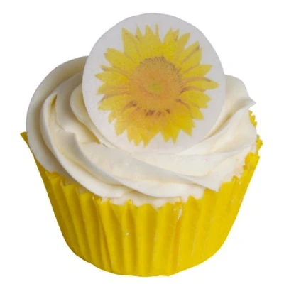 Abbildung von 12 Essbare Kuchendekorationen Sonnenblume / Edible Wafer Cake Decorations: Round Sunflower Toppers