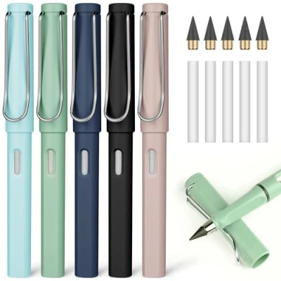 Abbildung von OFFCUP Metall Tintenlose Bleistifte, 5 Stück Tintenloser Bleistift mit Radiergummi, Magic Pencil Wechselkopfm, Klares und Flüssiges Schreiben für Erwachsene Studenten Künstler(Mehrfarbig)